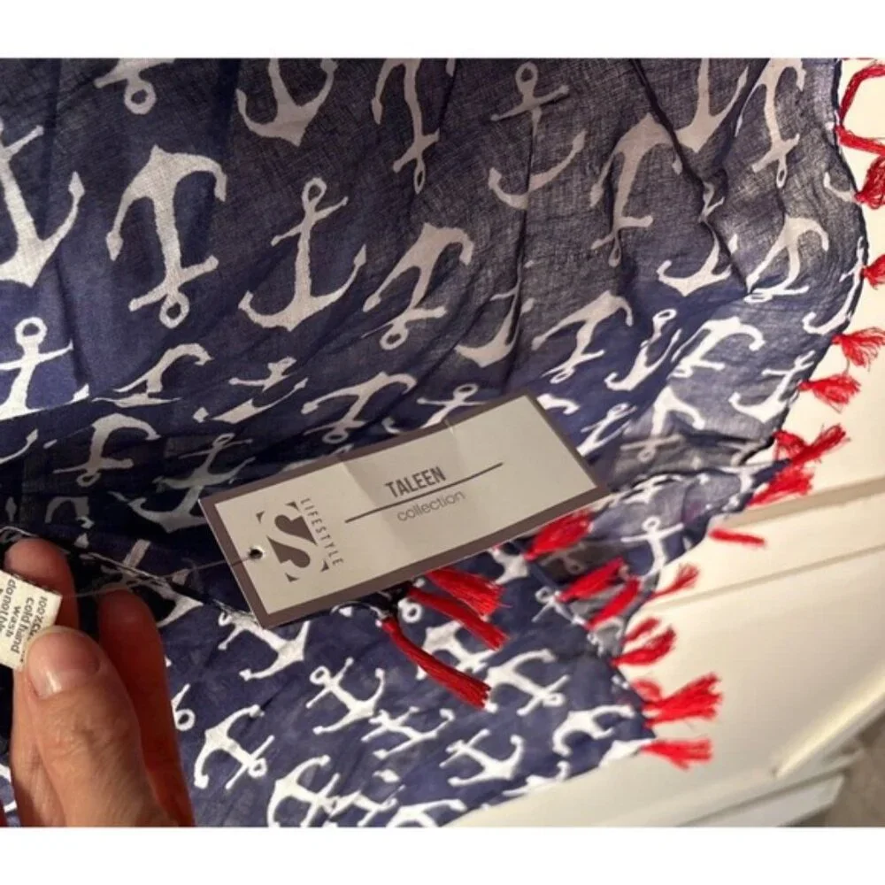 Lifestyle Taleen Anchor Print Scarf‎ With Tassels Navy & White